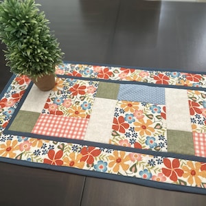 Boho Spring Table Runner - Quilted Patchwork - Florals with Coral, Country Blue, Green, Cream - 15x57.5” - Farmhouse Boho Decor- Handmade