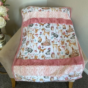Pink Minky Lullaby Critter Grove themed Infant Baby blanket Quilt/ Gorgeous and SOFT /baby shower gift/new baby gift/ nursery decor