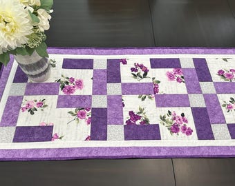 Handmade Purple Floral Patchwork Table Runner: Quilted Cotton Decor (21"x45")