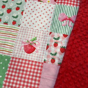 Puede incluir: Una colcha de retazos con cuadrados de estampados de fresas, lazos rosas, cuadros vichy rojos y blancos, rayas verdes y lunares blancos sobre rosa. La colcha tiene un borde de tela minky roja texturizada con un patrón de puntos en relieve.