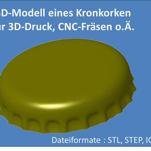 Può includere: Un modello 3D di un tappo a corona, adatto per la stampa 3D, la fresatura CNC o altre applicazioni. Il modello è disponibile nei formati di file STL, STEP e IGS.