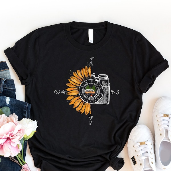 Camping Photography Shirt, Sunflower Camera Shirt, Funny Compass Tshirt, Camping Life Shirt, Gift For Wander Woman, Nature Lover Girl Tshirt