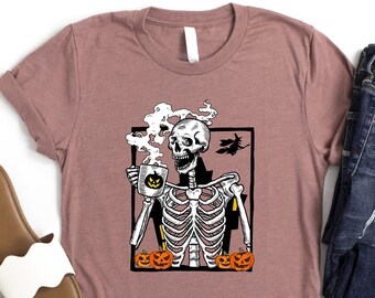 Halloween Skeleton Coffee Shirt, Coffee Addicted Shirt, Skeleton Drinking Coffee Shirt, Halloween Skull Shirt, Funny Pumpkins Shirt, Mom Tee