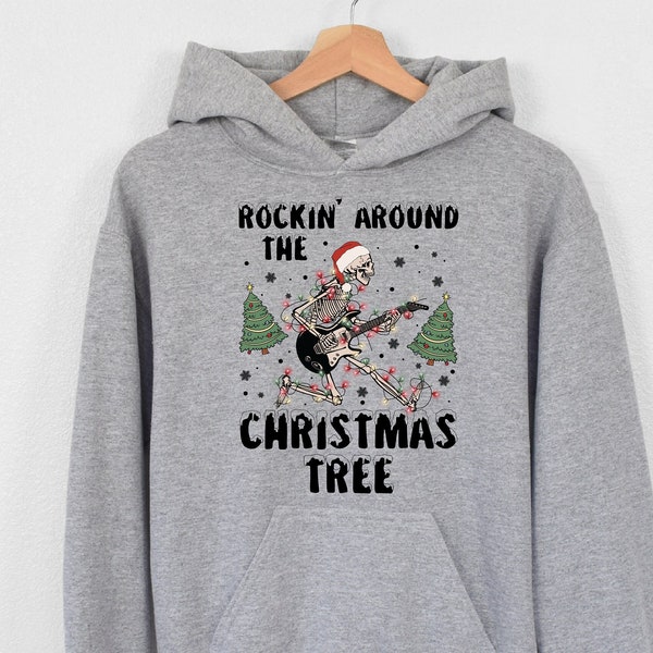 Rockin Around The Christmas Tree Hoodie, Santa Skeleton Hoodie, Guitar Lover Hoodie, Merry Christmas Hoodie, Guitarist Skeleton Hoodie, Girl