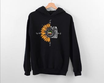 Camping Photography Hoodie, Sunflower Camera Hoodie, Compass Hoodie, Camping Life Hoodie, Hoodie For Wander Woman, Nature Lover Girl Hoodie