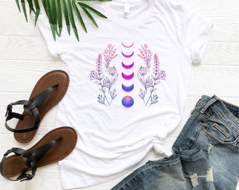 Bisexual Moon Phase Shirt, Bisexual Pride Month Festival Shirt, Bisexual Flag Shirt, Floral Moon Phases Shirt, LGBT Shirt, Lesbian Gift, Mom