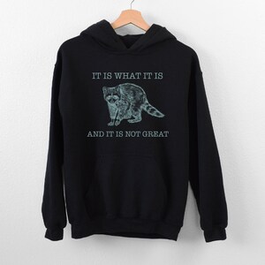 a black hoodie that says it is what it is and it is not great