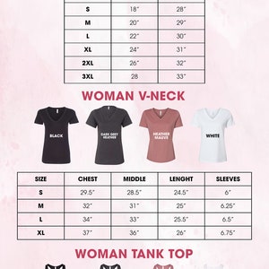 May include: Color and size chart for unisex t-shirts, women's v-neck t-shirts, and women's tank tops. The chart includes measurements for width, length, chest, middle, and sleeves in inches. Available colors include maroon, natural, white, navy, orange, red, black, dark grey heather, forest, heather mauve, and white.