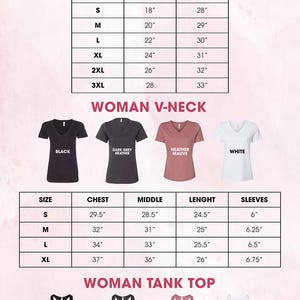 The image is a color and size chart that provides information about various clothing items, including t-shirts, tank tops, and v-necks. The chart lists different sizes and colors for each type of clothing item, along with corresponding measurements and descriptions.