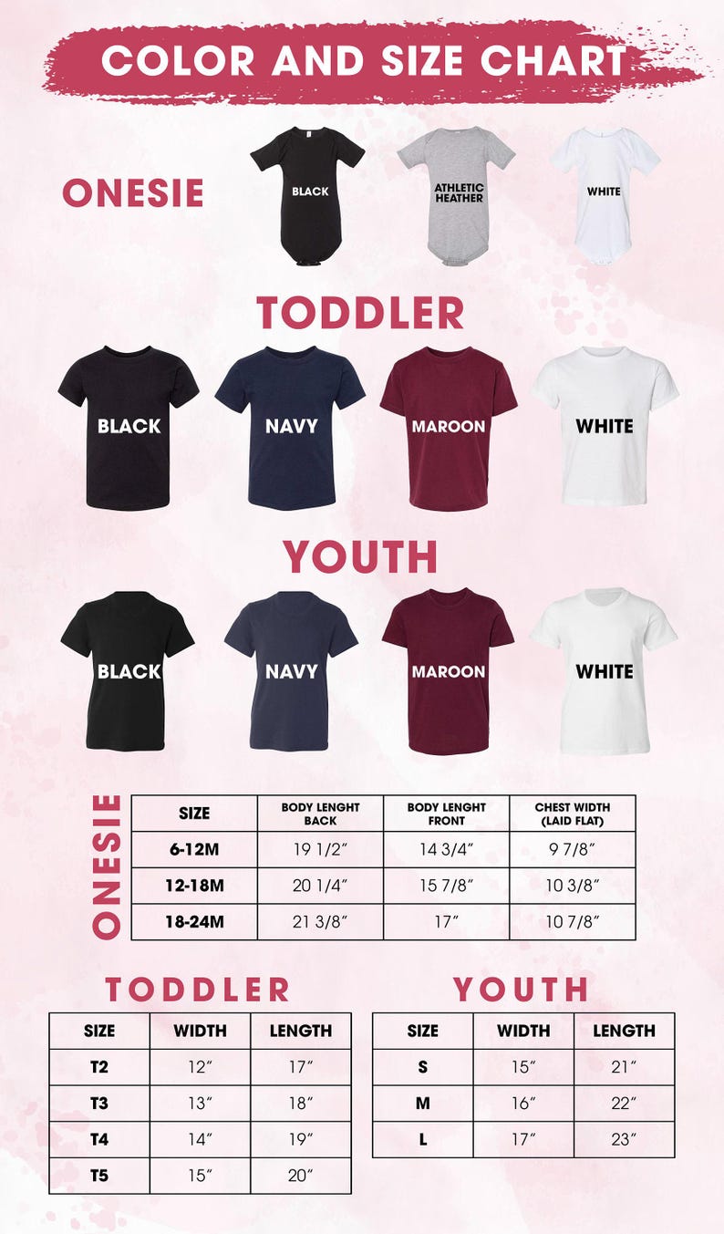 The image is a color and size chart that provides information about different types of clothing, specifically t-shirts, for various age groups and sizes.