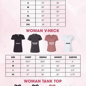 The image is a color and size chart that provides information about various t-shirt designs, including their color, size, and style.