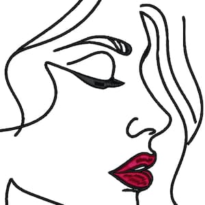 以下が含まれることがあります： 赤い唇をした女性の顔の線画。女性の髪は長く流れるような波状にスタイリングされている。