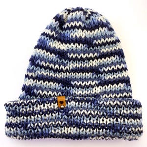 Blue Multicolored Winter Hat Beanie - Warm, Handmade, Knitted, Double Layered, Unisex, Skull Cap, Toque, Cap