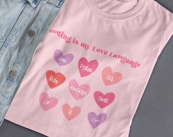 Codering is mijn Love Language Pink Women's Graphic Tee | Cadeau voor vrouwen in STEM, vrouwen die coderen, programmeurs