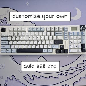 May include: An Aula S98 Pro mechanical keyboard with a white frame and a colour scheme of light blue, white, and dark grey keycaps. The keyboard features a numeric keypad, a small display screen, and a circular knob. Text reads customise your own.