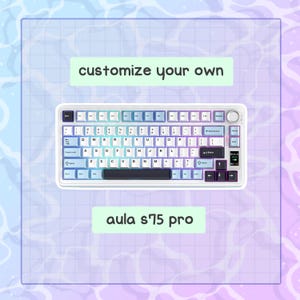May include: White AULA S75 Pro keyboard with gradient keycaps in blue, purple, and white. The keyboard has a standard layout with function keys and a number pad. The text "customize your own" and "aula s75 pro" are also visible.