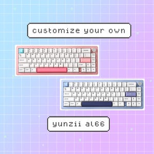 May include: Two mechanical keyboards, one pink and one blue, with white keycaps and colorful accent keys. The pink keyboard has a pink space bar, and the blue keyboard has a blue space bar. The text "customize your own" and "yunzii al66" are also visible.