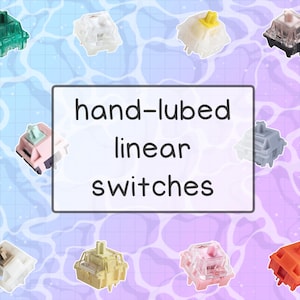 May include: An assortment of colorful hand-lubed linear switches are scattered across a blue and purple gradient background. The switches are various colors, including green, pink, yellow, and orange. Text in a white box reads "hand-lubed linear switches."
