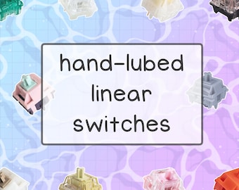 May include: An assortment of colorful hand-lubed linear switches are scattered across a blue and purple gradient background. The switches are various colors, including green, pink, yellow, and orange. Text in a white box reads "hand-lubed linear switches."