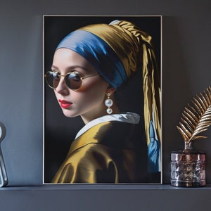 May include: A framed print of a woman wearing a blue and gold headscarf, sunglasses, and pearl earrings. The background is dark and the woman is looking to the side.