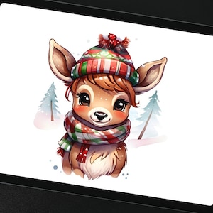 May include: A digital illustration of a cute fawn wearing a red and white striped winter hat and a matching scarf. The fawn is standing in a snowy landscape with small evergreen trees in the background.