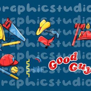 Peut inclure: Un fond bleu avec le texte "Good Guys" en lettres rouges. Il y a diverses images de dessins animés d'outils, une batte de baseball, une balle de baseball, un chapeau de cowboy, un chapeau de pompier et un marteau.