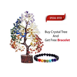 Seven chakra crystal tree of life - 7 chakra gemstone money tree handmade 300 stone chips fengshui tree for positive energy, with Bracelet