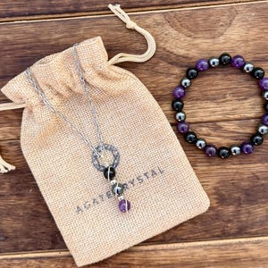Empath Protection Bracelet & Necklace, Amethyst, Hematite, Black Tourmaline, Energy Shield And Grounding Crystal Jewelry, Reiki Charged Gift