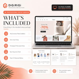 May include: A laptop displaying a website with a summer sale promotion. The screen shows a watch on a sweater, with a -70% discount. The image also includes a list of services, including WooCommerce theme installation and demo import setup.