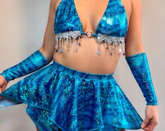 Aqua Stardust Rave Set: Shimmer Animal Print Festival Outfit