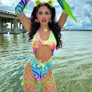 Raving Outfit, Rave Outfit, One Piece, Rave Clothes, Women's Festival Clothing, Rainbow, EDC, Neon, Swirls, Rave Set, Festival Outfit, Rave image 1