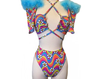 Rave Set, Rave Outfit, Raving Clothing, Groovy, Swirls, Retro, Flowers, Rainbow, Women's Festival Clothing, Women's Rave Clothes, EDC