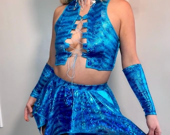 Aqua Stardust Rave Set: Shimmer Animal Print Festival Outfit