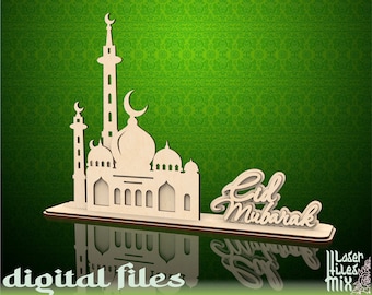 Eid Mubarak table sign. Laser cut SVG DXF vector files for wood. Ramadan home decor laser design files.