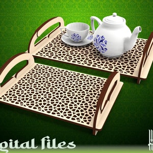 Lasercut file tray. Breakfast serving wooden tray with handles. CNC cut templates files design. Vector laser cut wood patterns, DXF files.