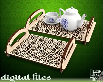 Lasercut file tray. Breakfast serving wooden tray with handles. CNC cut templates files design. Vector laser cut wood patterns, DXF files.