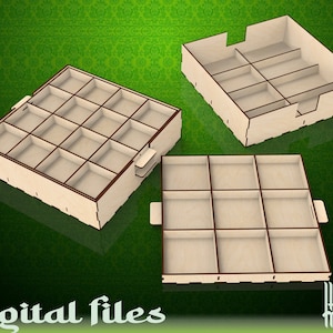 Organizer three trays storage drawers Lasercut file. Vector files for laser cutting wood. DXF files for laser cut organizer. Glowforge SVG.