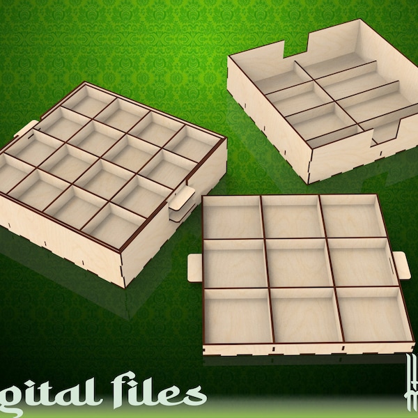 Organizer three trays storage drawers Lasercut file. Vector files for laser cutting wood. DXF files for laser cut organizer. Glowforge SVG.