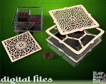 Two Ramadan gift boxes laser cutting SVG DXF Cnc laser design files, Islamic decor SVG vector files for laser, Muslim Eid gift boxes pattern