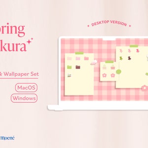 May include: A laptop screen displaying a desktop version of a Spring Sakura icon and wallpaper set. The set includes icons and wallpapers with a pink and green color scheme and floral designs. The text "DESKTOP VERSION" is displayed at the top of the screen.