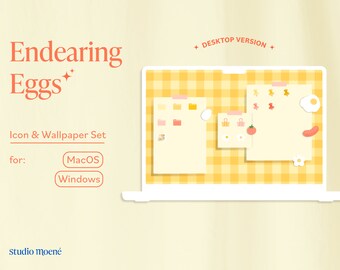 Endearing Eggs Desktop Organizer Icon & Wallpaper Set for MacOS, Windows | Yellow, Cute, Japanese, Minimalist Aesthetic | Studio Moene