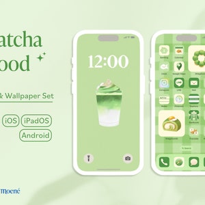 May include: A green and white phone screen with a green and white checkered background. The phone screen shows a variety of app icons, including a green and white matcha latte icon, a green and white roll cake icon, and a green and white Starbucks icon. The phone screen also shows the time 12:00.