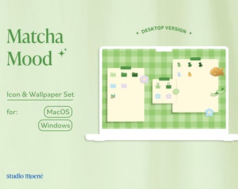 Matcha Mood Desktop Organizer Icon & Wallpaper Set for MacOS, Windows | Green, Cute, Japanese, Minimalist Aesthetic | Studio Moene