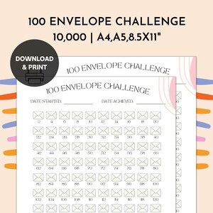 100 Envelopes Challenge | 10k Money Savings Challenge | Saving Challenge Printable | Money Saving Tracker - 10,000