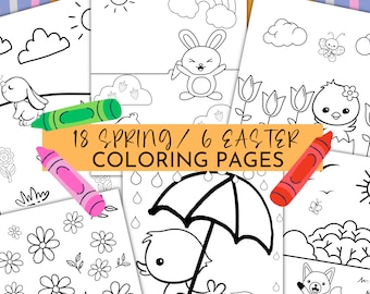 Easter Spring Coloring Pages | Easter Springtime Kids Activity | Set of 24 Coloring Pages | Instant Download