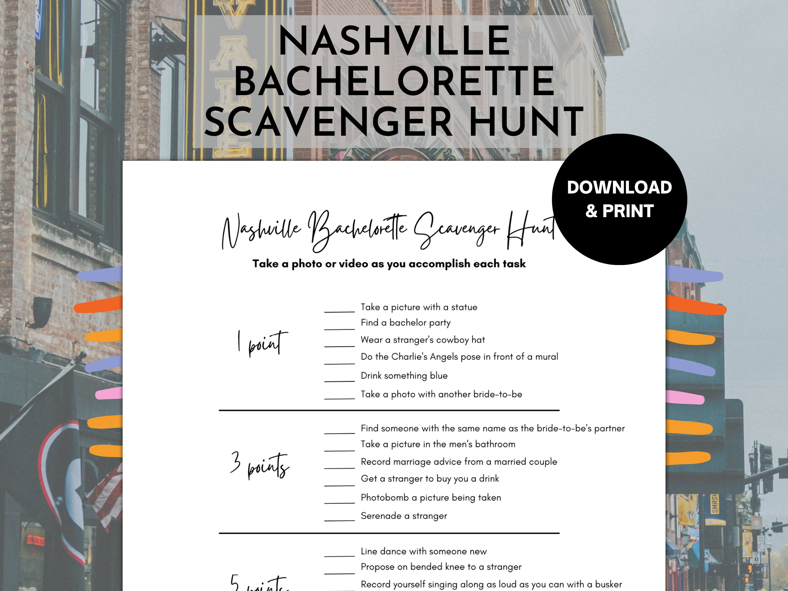 Nashville Bachelorette Scavenger Hunt Bachelorette Party Game Photo