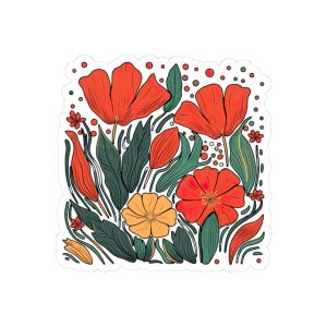 Red and Orange Poppies Sticker - Elegant Botanical Illustration | Wildflower Floral Aesthetic Kiss Cut Vinyl Sticker for Journals & Gifts