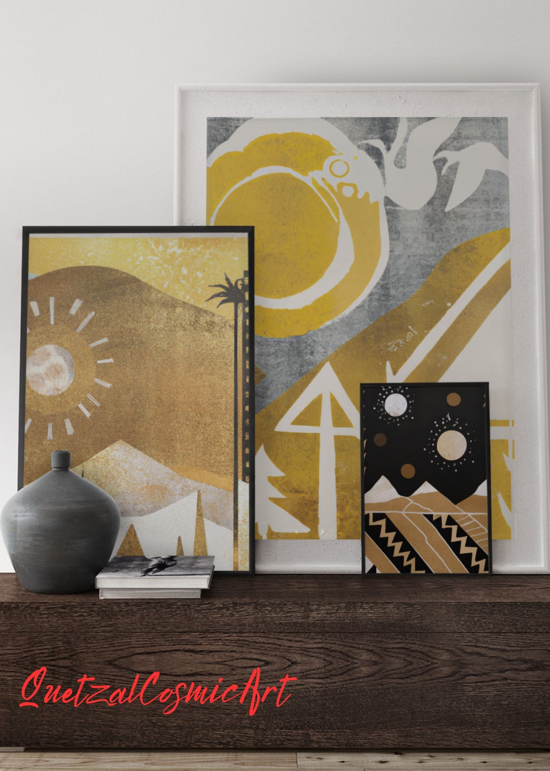 Boho Minimalist Trio Bohemian Gold and Black Digital Download Abstract