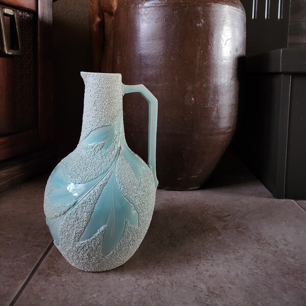 Rare Antique Samuel Lear Christopher Dresser Blue Mossed Majolica Pitcher Ewer