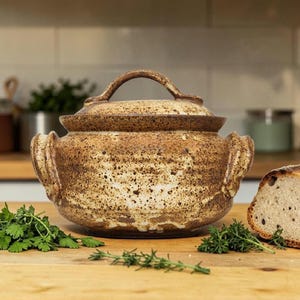 Cazuela de cerámica de estudio vintage con esmalte moteado en tonos tierra y firmada.